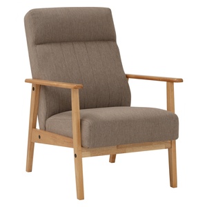 Fauteuil de salon moderne de style premium avec cadre en bois massif naturel et accoudoirs, revêtement en tissu couleur marron clair, pour salon et espace de travail - Product Image 1