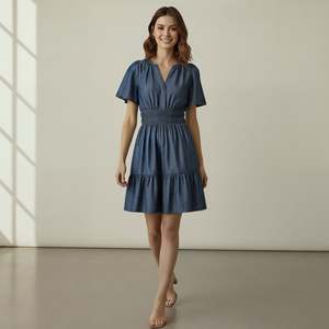 Vestido Corto Elástico de Mezclilla de Algodón Índigo para Mujer con Mangas Cortas, Tejido Ligero y Estilo Moderno - Product Image 1