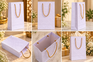 Sac cadeau en papier blanc gaufré fait main de qualité supérieure avec un élégant motif de feuilles en relief et des poignées en corde dorée pour un emballage cadeau de luxe - Product Image 4