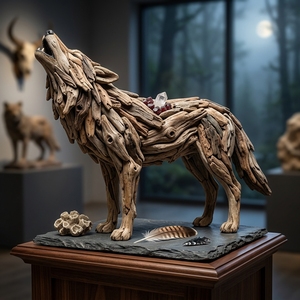 Handcrafted <b>wooden</b> howling wolf sculpture <b>rustic</b> teak driftwood animal statue home living room floor decoration frame space unit - Product Image 2