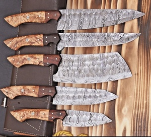 Ensemble de 5 couteaux de cuisine Damas faits à la main avec manche en bois et étui en cuir, couteaux de survie pliants utilitaires en gros - Product Image 4