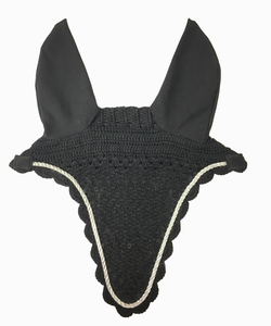 Voile anti-mouches pour cheval en crochet noir de haute qualité, confortable, avec bordure en corde argentée, protège-oreilles doux, bonnet équestre fait main, personnalisable - Product Image 1