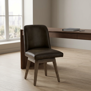 Modern Dark Brown Genuine Leather Office <b>Chair</b> Midcentury Solid Wood Legs - Product Image 6