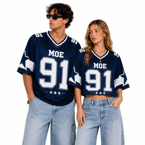 Camiseta Deportiva Unisex con Hombros Caídos, Estampado Personalizado, Estilo Fútbol Americano, Top Corto Azul para Mujer, Camiseta de Fútbol Transpirable de Malla, Estilo Hip Hop - Product Image 1