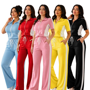 Women's Two Piece <b>Tracksuit</b> Set Long Sleeve Zip Front Crop Top High Waist Jogger Pants Activewear Set <b>Pink</b> Black Brown - Product Image 1