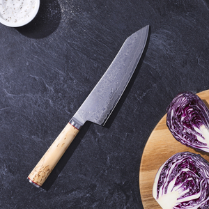 Couteaux de cuisine beige et marron avec manche, lames à motif ondulé argenté et anneau d'accentuation rouge pour trancher, hacher et préparer les aliments - Product Image 3
