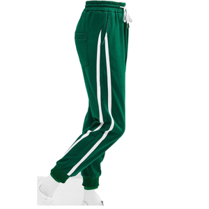 Pantalon de jogging noir pour femme avec rayures blanches, taille élastique, matière polaire, longueur intégrale, poches extensibles, style toutes saisons - Product Image 1