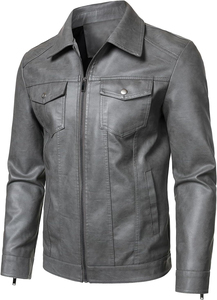 Blouson Trucker Homme Hiver Personnalisable Écologique Coupe-Vent en Cuir PU Gris Cendré avec Col Revers Pointu et Double Rabat Poitrine - Product Image 3