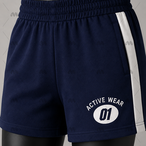Ensemble de survêtement sportif deux pièces bleu marine pour femme, léger, en polyester/nylon, avec haut court à manches longues et col en V et short - Product Image 5