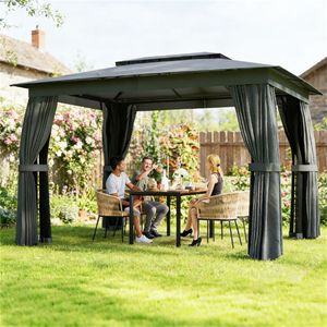 Pergola et Pavillon de Terrasse Extérieur Gris Foncé avec Toit Souple, Pare-Soleil et Rideaux – Catégorie de Produits - Product Image 1