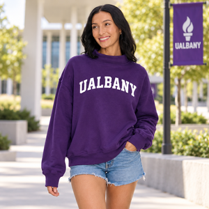 Sweat-shirt à col roulé violet pour femme, imprimé lettres UALBANY, manches longues, en coton tricoté, coupe ample, tenue décontractée d'automne - Product Image 1