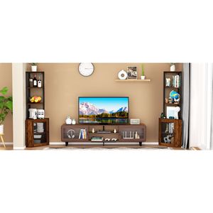 Scaffale angolare da 65 pollici con ante, libreria a 6 livelli e portabicchieri da vino, scaffale angolare autoportante per soggiorno - Product Image 3