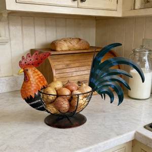 Colorful Rooster Fruit <b>Basket</b> Metal Chicken Kitchen Decor, Farmhouse Countertop Organizer, Rustic Wire <b>Egg</b> Holder, Country Style - Product Image 5