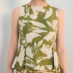 Womens Floral Peplum Tank Top Boat Neck Sleeveless Olive Green Cotton Linen <b>Summer</b> <b>Blouse</b> Apparel Manufacturer - Product Image 4