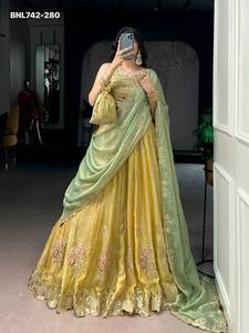 Best Quality NC Moss Silk with <b>Sequin</b>-Thread Embroidered <b>Flared</b> Can-Can Yellow Lehenga-Choli Set with Batwa Wholesale Supply - Product Image 2