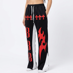Pantalon de jogging décontracté pour homme, noir, imprimé flamme rouge, coupe évasée, taille mi-haute, taille élastique avec cordon de serrage, style urbain, avec bande latérale - Product Image 3
