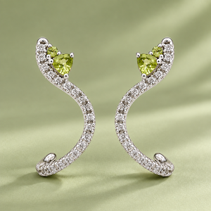Peridot 925 <b>Sterling</b> <b>Silver</b> J-<b>Hoop</b> <b>Earrings</b> – Curved Pave CZ Accent Trendy Gemstone Jewelry - Product Image 1