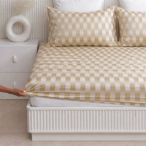 Juego de Sábanas de Algodón a Rayas Beige Dorado con Fundas de Almohada, Suaves y Transpirables |   Sábana Ajustable Elástica con Bolsillos Profundos, Calidad de Hotel - Product Image 1