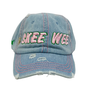 Skee Wee Light Denim Hat Pink Embroidered Letter Baseball <b>Cap</b> Adjustable Washed Denim Headwear Casual Fashion <b>Vintage</b> Style <b>Cap</b> - Product Image 1