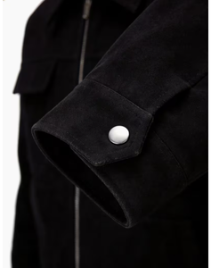 Veste en cuir suédé noir pour homme, col rabattu, fermeture éclair, poches, coupe décontractée, style vintage, pour l'automne - Product Image 5