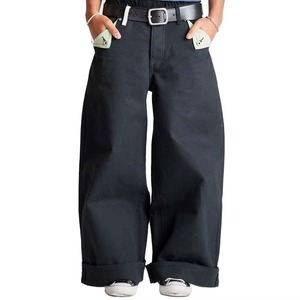 Custom Cotton 16oz Duck Canvas Straight Washed Denim Casual Trousers Retro Front <b>Mule</b> Ear Pockets Black Canvas Pants Wide Leg - Product Image 5