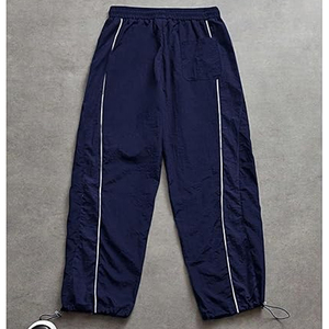 Pantalon coupe-vent en satin bleu marine pour femme, taille mi-haute, avec cordon de serrage, rayures latérales, coupe ample, longueur intégrale, tenue formelle d'hiver - Product Image 2