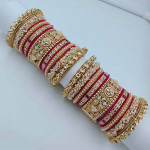 Designer Gold Plated Pearl Kundan Meenakari Velvet Chuda <b>Bangles</b> <b>Set</b> for Bridal Daily Wear - Product Image 3