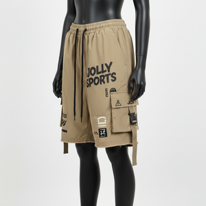 Shorts cargo coupe-vent pour femmes en tissu nylon GSM, panneaux kaki et noirs, impression sérigraphique, logo personnalisé - Product Image 4