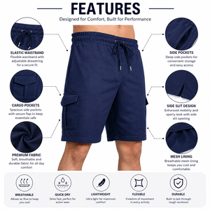 Shorts coupe-vent pour homme en tissu Oxford bleu marine uni, taille mi-haute, braguette zippée, style décontracté Bermuda avec poches, respirant, haute qualité - Product Image 6