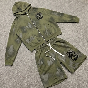Custom Eco-Friendly 100% Cotton <b>Summer</b> Acid Wash Distressed Fleece Hoodie Shorts Set <b>Men</b> Streetwear Full Zip Tracksuit - Product Image 4