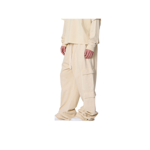 <b>Men's</b> <b>Cream</b> <b>Cargo</b> Pants Elastic Waist Multiple Pockets Casual Midweight Cotton Autumn Wear - Product Image 3