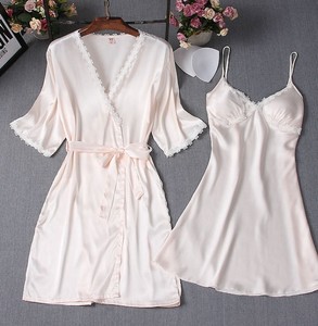 Ensemble de robe de chambre pour femme avec dentelle, col en V, chemise de nuit et peignoir à manches courtes, longueur genou - Product Image 4