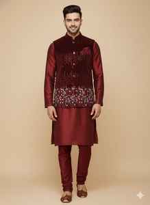 New <b>Men's</b> Adult Party Wear <b>Silk</b> Kurta <b>Pyjama</b> with Velvet Coti Sequence Zari Embroidery Work Set - Product Image 2