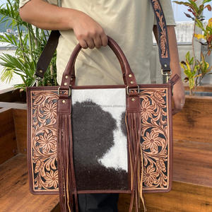 Western Hand Tooled Leather <b>Tote</b> <b>Bag</b> Hair on Cowhide Concealed Carry Shoulder Purse <b>For</b> Women Genuine Leather <b>Laptop</b> Office <b>Bags</b> - Product Image 3