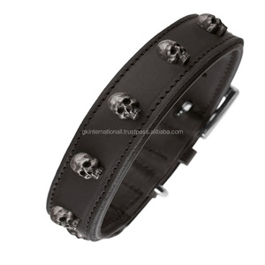 Classic Heavy Duty Leather Dog Collar With Decorative Skull Trim and Nickel Plated Brass Hardware Custom Leather Dog Pet Collar - Product Image 1
