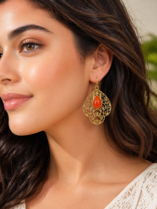 Wholesale Natural Red Onyx <b>Earrings</b> Handmade Gold Plated Brass Gemstone <b>Earrings</b> for Women - Product Image 1