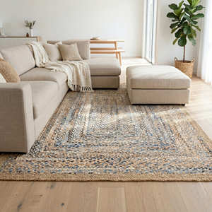 Tapis tressé à la main bleu marine 5' x 8' pour salon côtier, bureau à domicile et salle familiale - Product Image 2