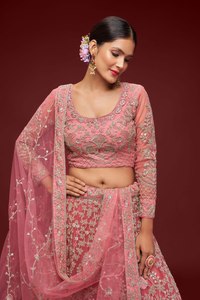 Pink Cotton Embroidered Lehenga Choli with Dupatta Silk Screen Printed Floral Thread Zari Net Suit <b>Wedding</b> Party Wear for Women - Product Image 3