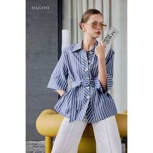 Chemise en lin rayée élégante pour femme, coupe ample, manches larges, ceinture, effet délavé, respirante, légère, pour le bureau, le quotidien, les vacances, le printemps A8133 - Product Image 1