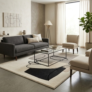 Modern Minimalist Abstract Face Wool/Cotton Medium Pile Area Rug Beige <b>Black</b> Gray Soft Floor Mat for Bedroom Living Room - Product Image 3