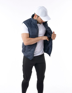 Chaleco Acolchado Azul Marino para Hombre, Cuello Alto, Cierre de Cremallera, Cortavientos, Ropa Exterior Informal, Largo Regular, Color Sólido, Poliéster - Product Image 3