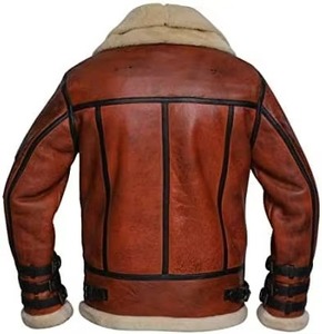 Blouson aviateur en cuir véritable pour homme avec doublure en peau de mouton, coupe-vent, manteau d'hiver, style motard, coupe classique - Product Image 6