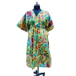 Suave y cómodo amarillo Floral bloque de mano estampado caftán vestido túnica suelta ropa de playa indio Maxi vestido encaje tejido algodón al por mayor - Product Image 1