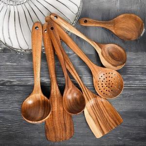 Ensemble de 4 louches de cuisine en bois pour mariage, surface en teck poli miroir, poignée souple, écologique, antiadhésif, compatible lave-vaisselle - Product Image 6