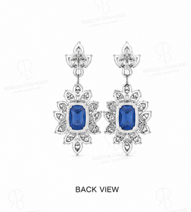 Pendientes de candelabro estilo real en oro blanco de 18 quilates con zafiros azules vivos y halos florales de copo de nieve con diamantes brillantes cultivados en laboratorio. - Product Image 6