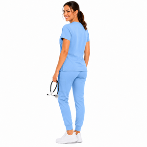 Women Scrub <b>Set</b> V Neck Short Sleeve Top Cuffed Jogger Pants Solid Color Medical Uniform Hospital Wear Blue - Product Image 6