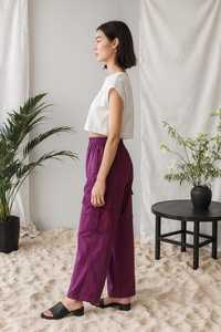 Women's Purple Linen Cargo <b>Pants</b> High Waist Elastic Loose Fit Ankle Length Solid Color Casual <b>Summer</b> Style - Product Image 3