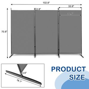 6FT Trifold 160g Polyester Cloth Carbon Steel <b>Frame</b> <b>Plastic</b> Foot Foldable Screen Gray Room Divider - Product Image 4