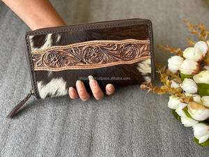 Nuevo elegante estilo occidental pelo en Hide Tooled Fur Leather Clutch mujeres diseñado monedero Venta caliente Tooled Leather Zipper Wallet - Product Image 2