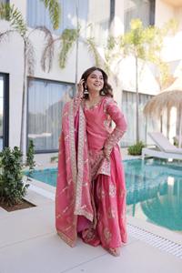 Ensemble de costume pakistanais brodé turquoise, tunique à manches longues, palazzo, dupatta, robe traditionnelle pour fête, mariage - Product Image 2